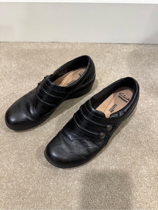 Clarks Shoes - Clarks Black Leather Slip-On Mules with Decorative Button Straps